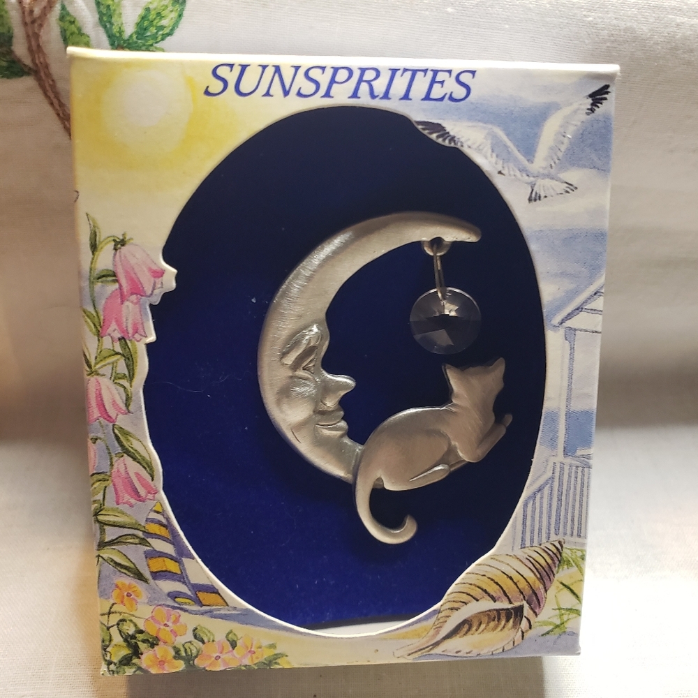 Vintage Lindsay Claire Pewter Cat And Moon With Hanging Australian Crystal 2000